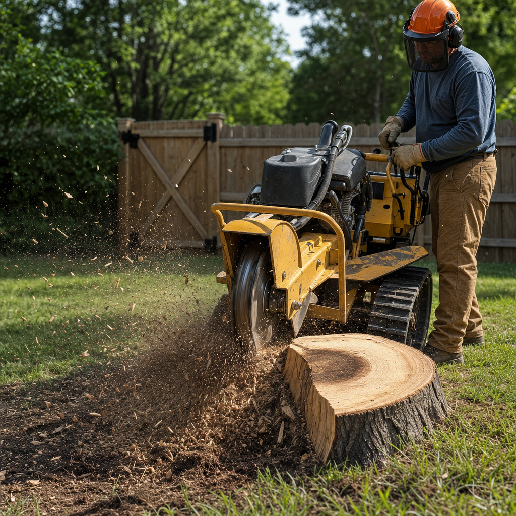 Stump grinder removing a tree stump in a residential yard